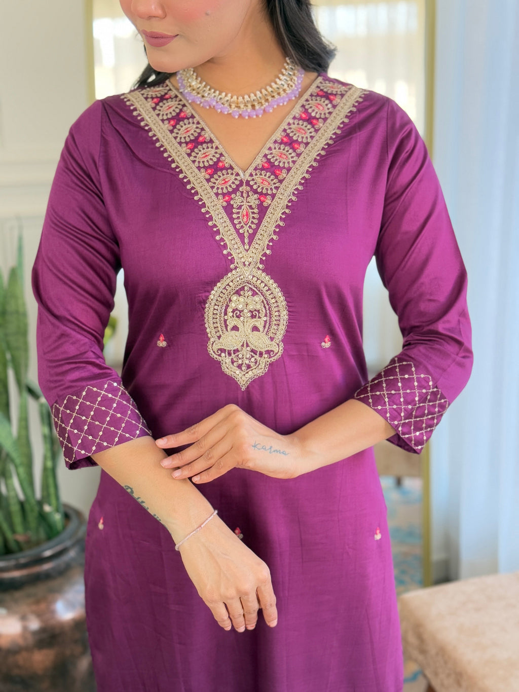 The52 Women's Rayon Slub Embroidery work Straight Kurta with Pant and Dupatta Set