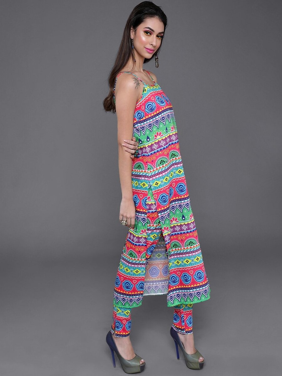 Aks Tribal Printed Shoulder Straps Kurta with Trousers