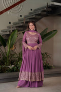 Lorenvalley Fashion Lavender Faux Georgette Embroidery & Sequins Work Anarkali Gown Sharara with Dupatta
