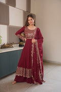 Lorenvalley Fashion Maroon Faux Georgette Embroidery & Sequins Work Anarkali Gown Sharara with Dupatta