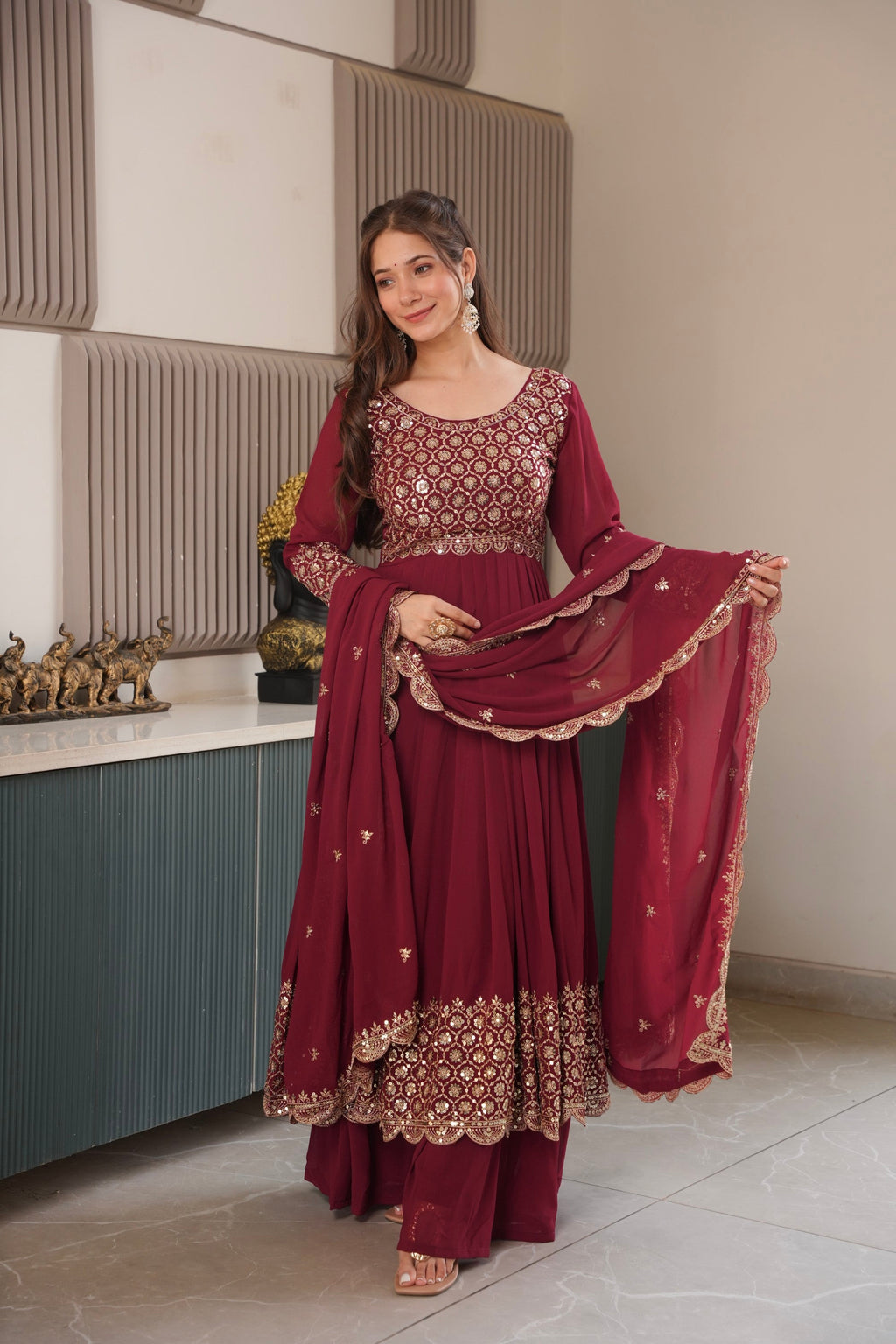 Lorenvalley Fashion Maroon Faux Georgette Embroidery & Sequins Work Anarkali Gown Sharara with Dupatta