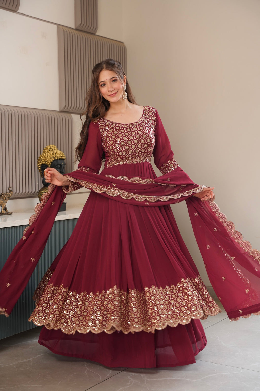 Lorenvalley Fashion Maroon Faux Georgette Embroidery & Sequins Work Anarkali Gown Sharara with Dupatta