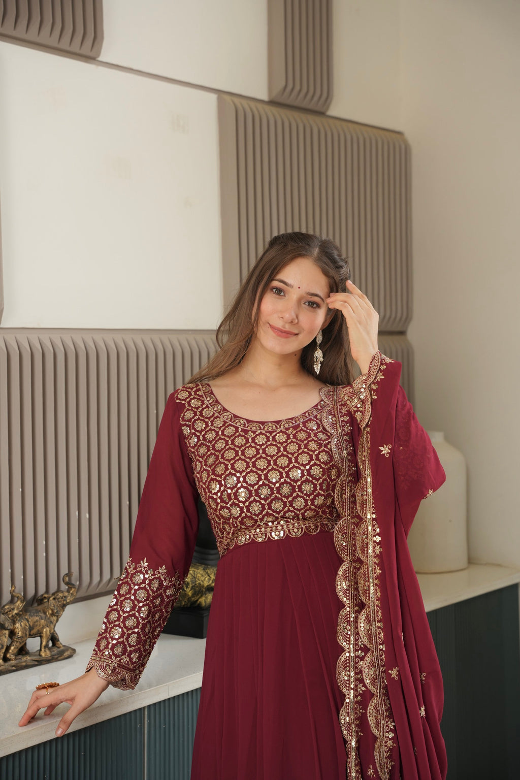 Lorenvalley Fashion Maroon Faux Georgette Embroidery & Sequins Work Anarkali Gown Sharara with Dupatta