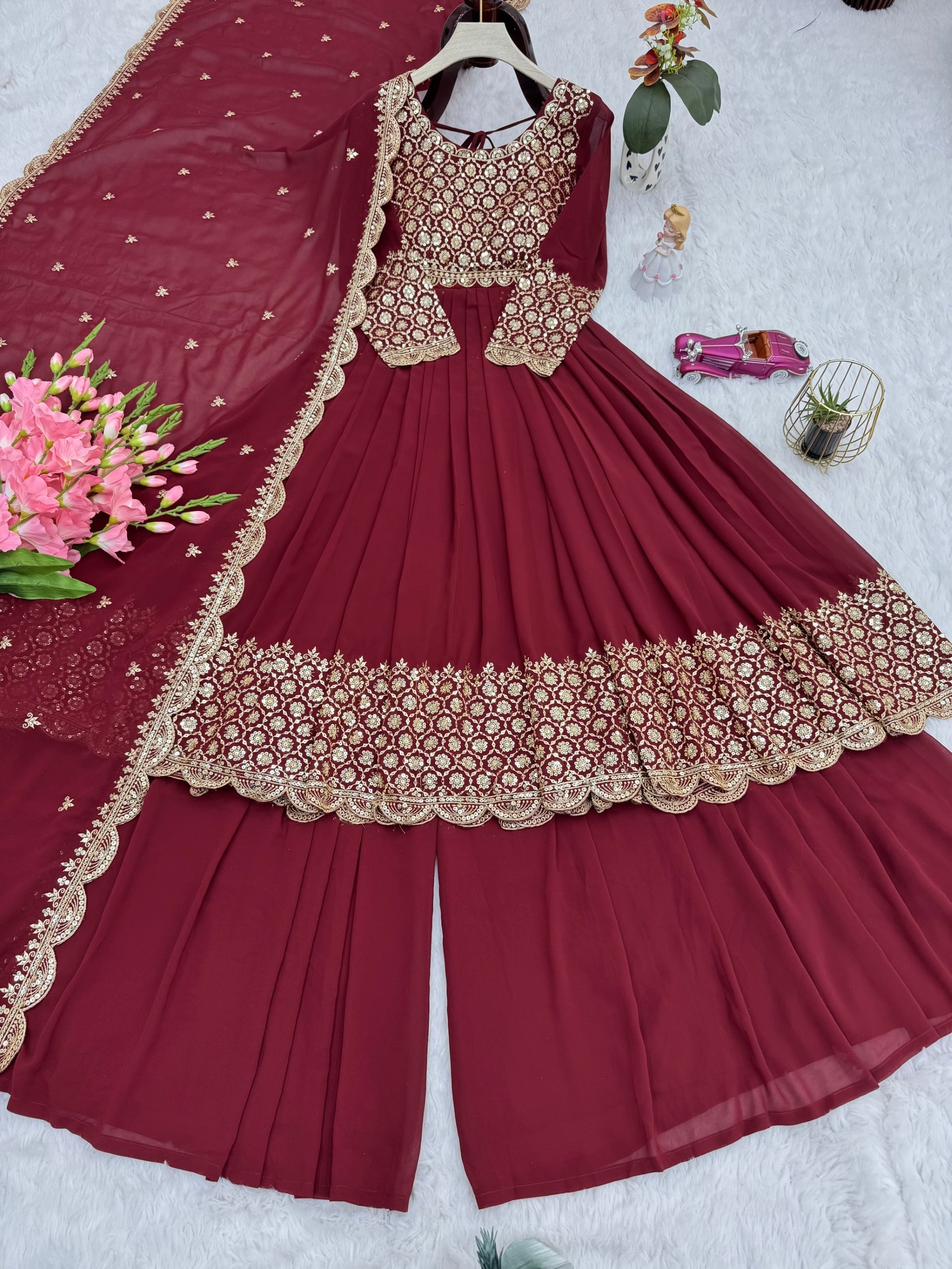 Lorenvalley Fashion Maroon Faux Georgette Embroidery & Sequins Work Anarkali Gown Sharara with Dupatta