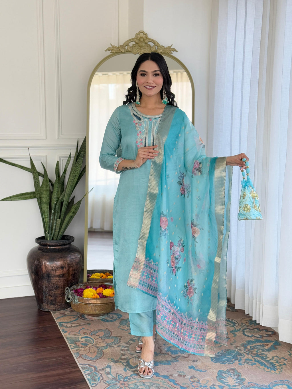 The52 Women's Viscose Embroidery work Straight Kurta with Pant and Dupatta Set
