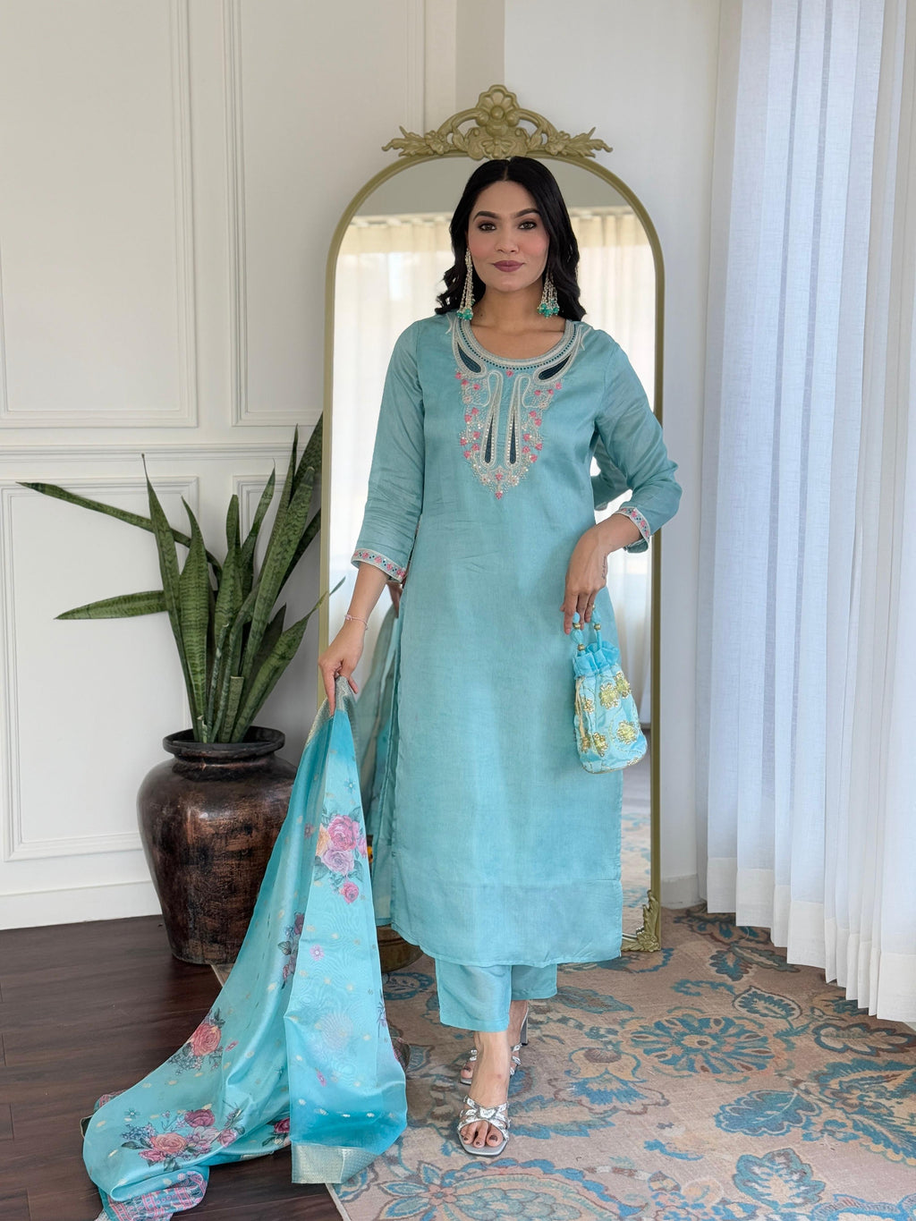 The52 Women's Viscose Embroidery work Straight Kurta with Pant and Dupatta Set
