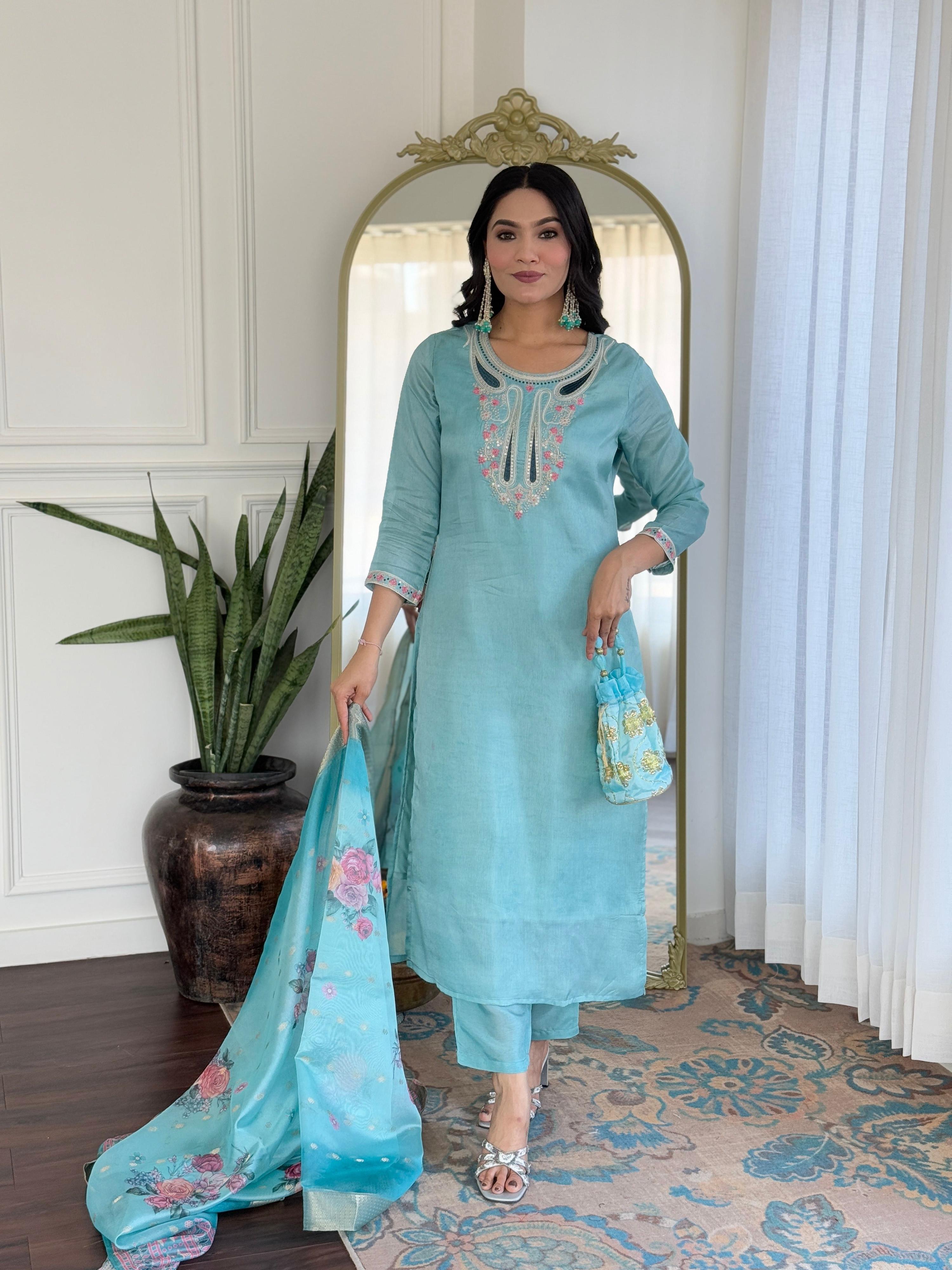The52 Women's Viscose Embroidery work Straight Kurta with Pant and Dupatta Set