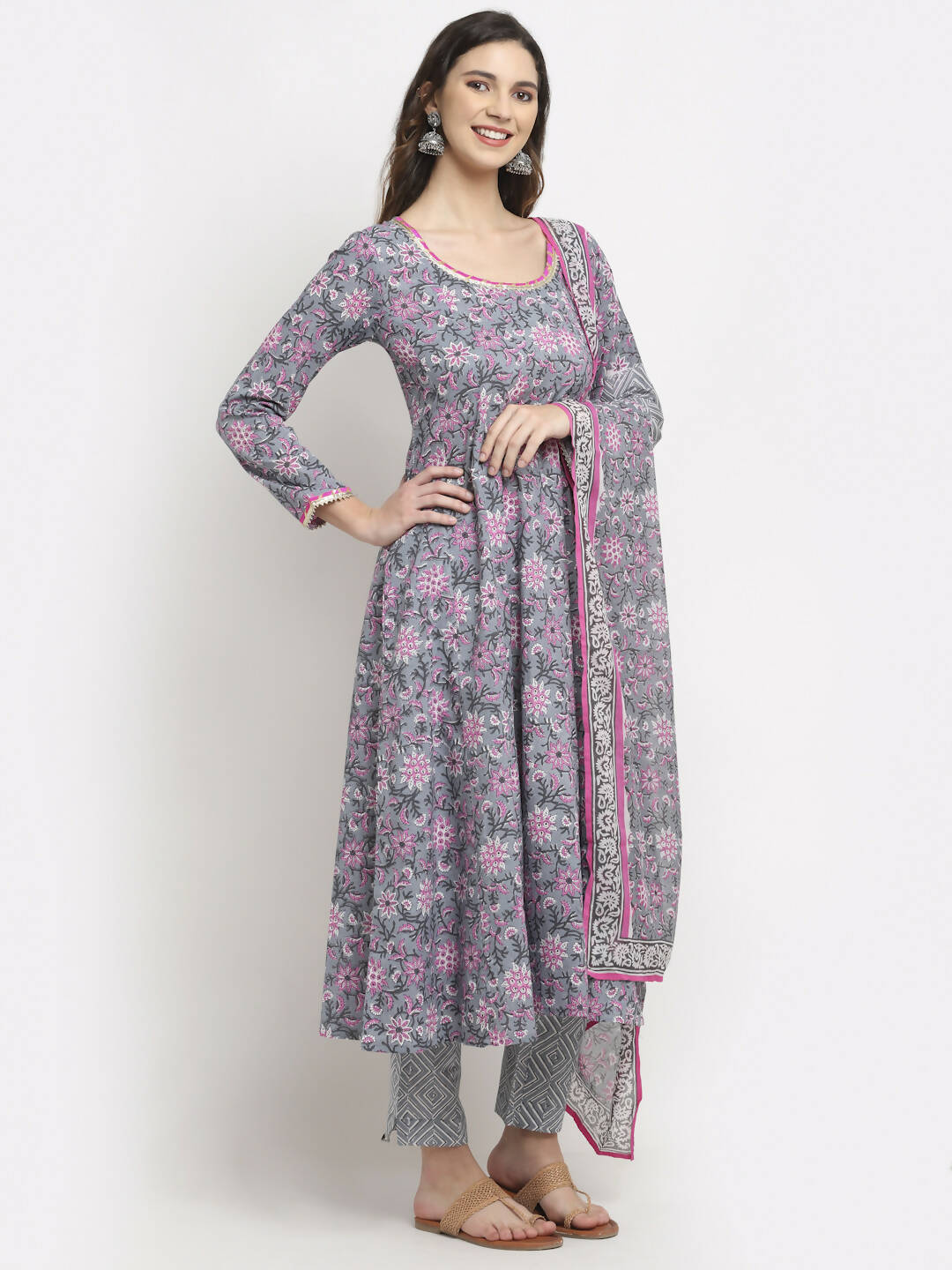 Rudra Bazaar Grey Printed Anarkali Suit Set With Dupatta