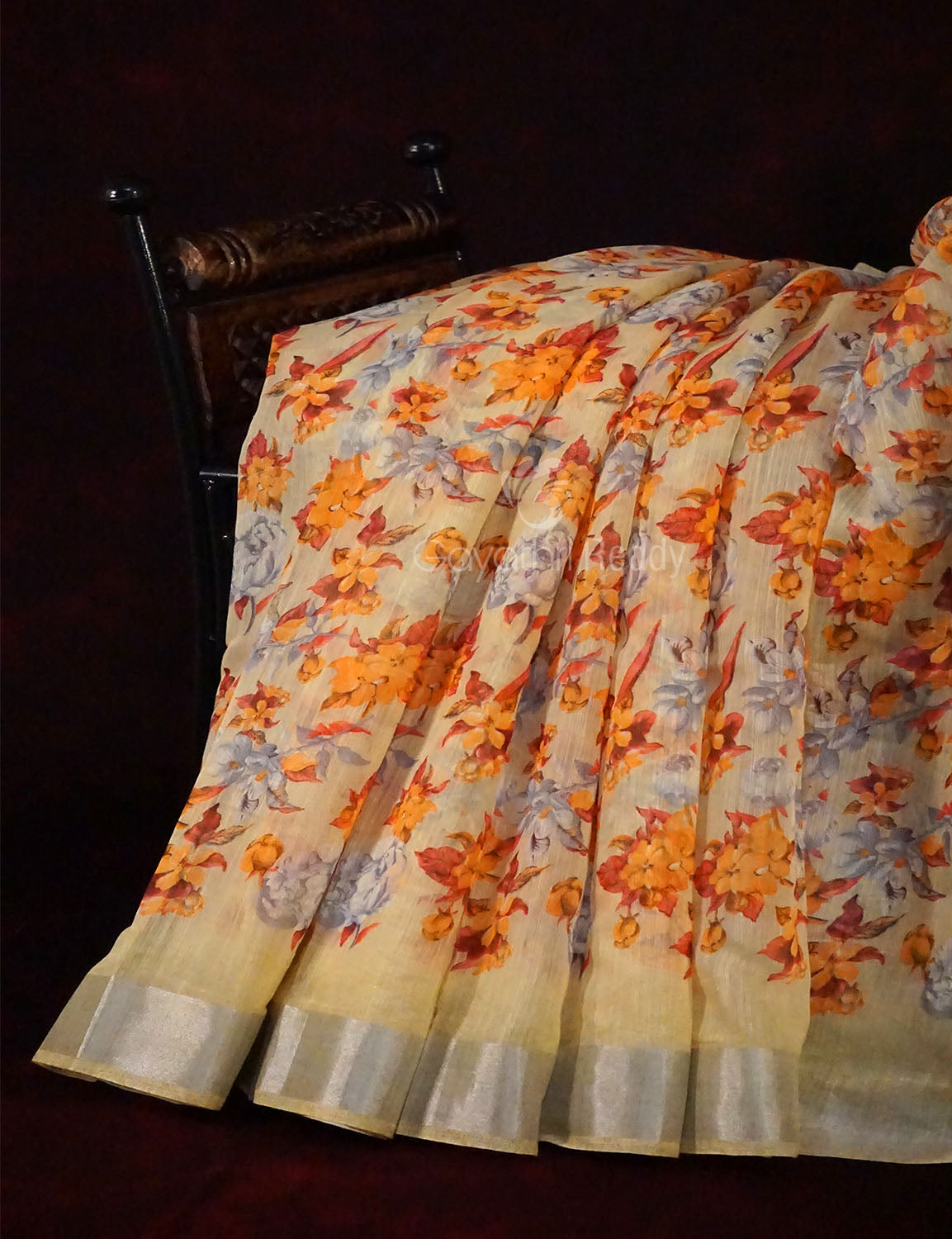 Light Beige Colour Floral Design Semi Chanderi Saree By Gayathri Reddy Designer Studio