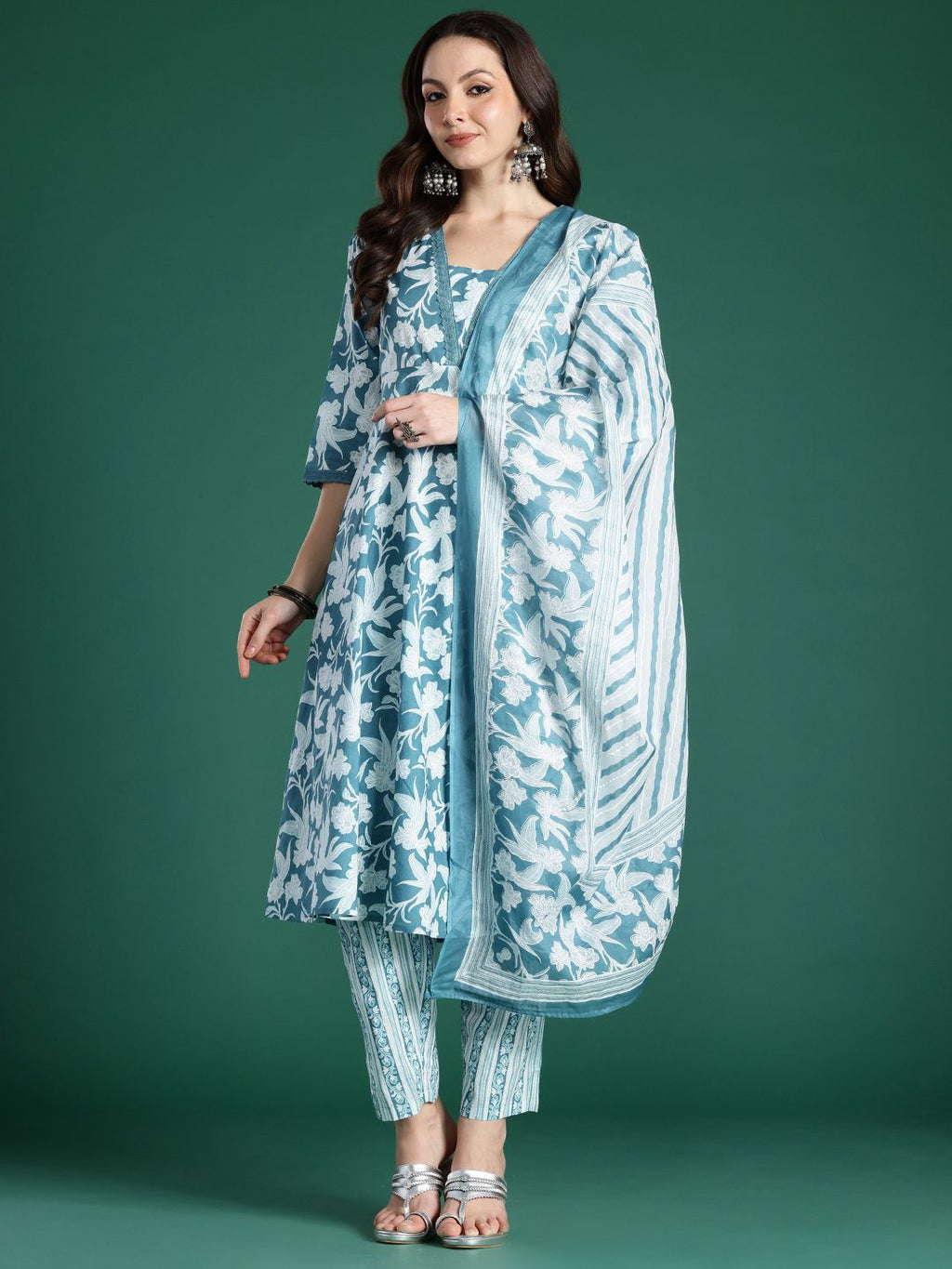 Indo Era Floral Printed Pure Cotton Kurta with Trousers & With Dupatta