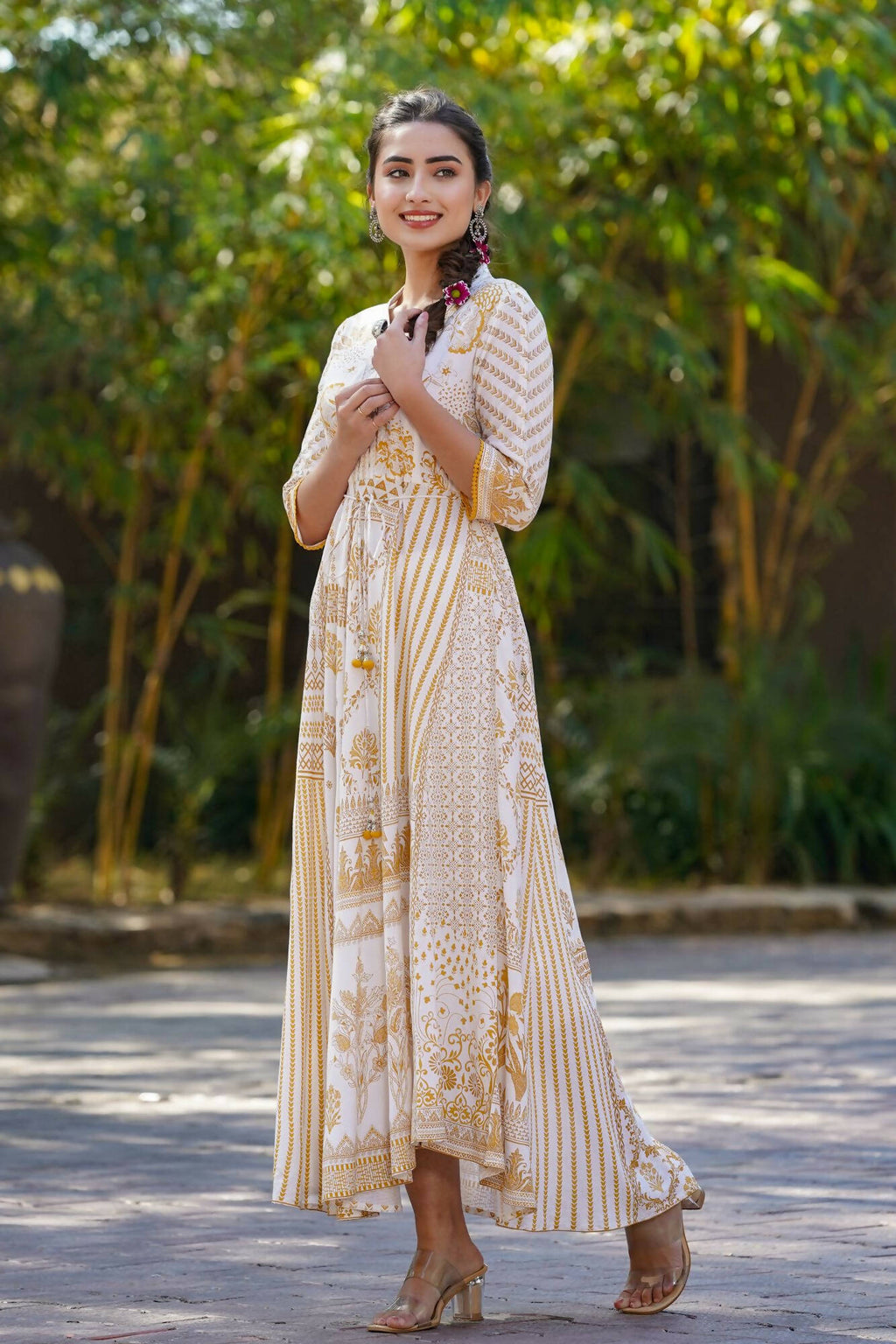 Juniper Women Mustard Rayon Printed Flared Dress