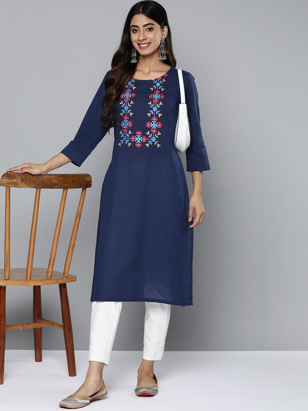 HERE&NOW Yoke Design Thread Work Cotton Kurta
