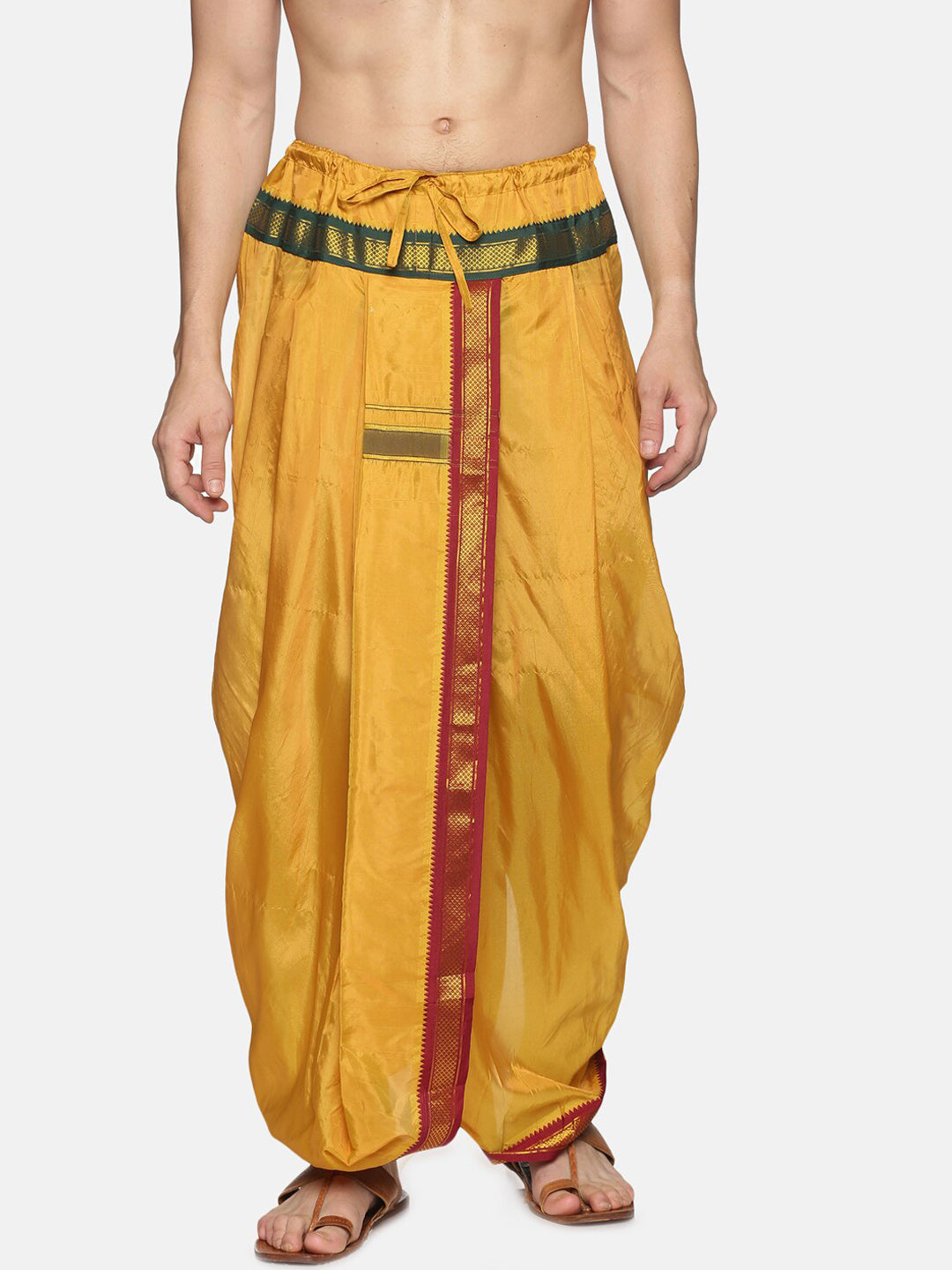 Sethukrishna Men Mustard-Yellow & Red Solid Readymade Dhoti