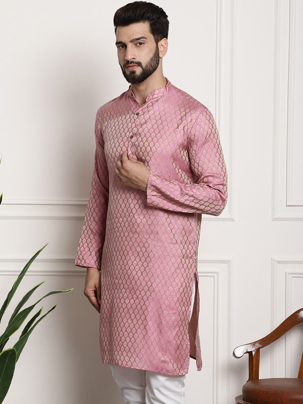 Sojanya Woven Design Mandarin Collar Silk Cotton Kurta