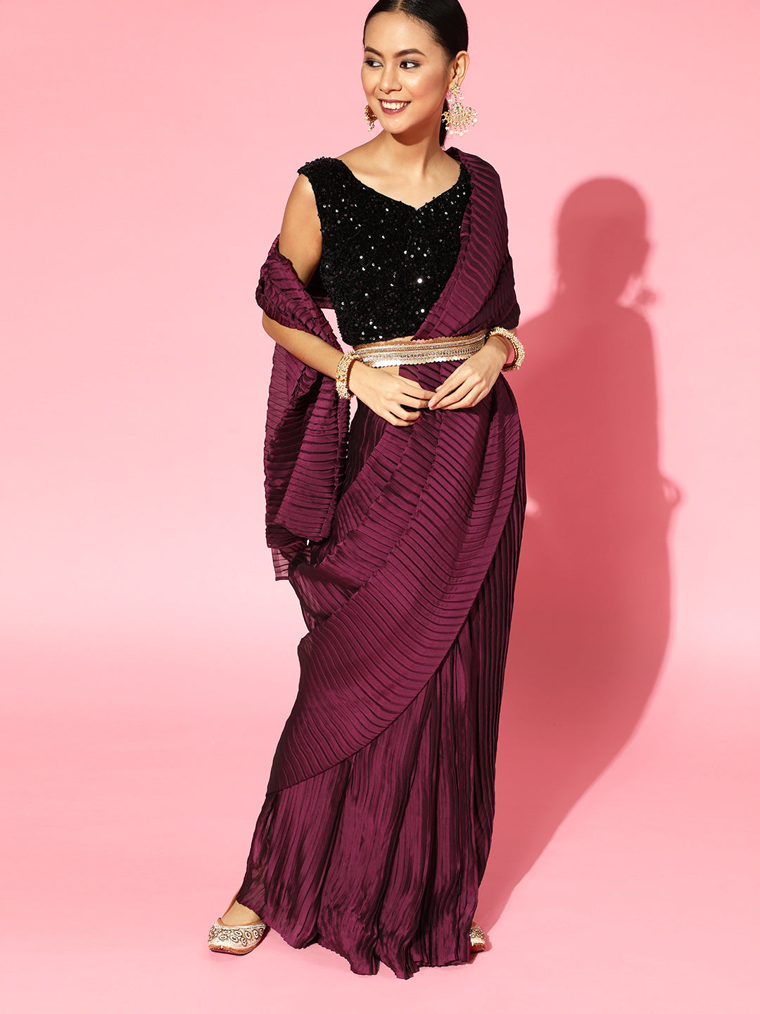 Saree Mall Burgundy Poly Georgette Party Wear Saree with Matching Blouse