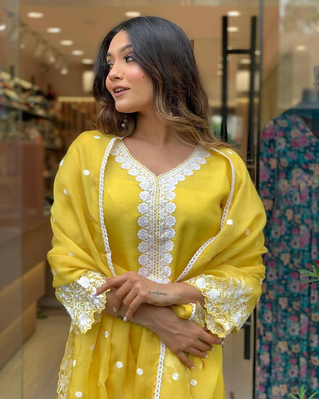The52 Yellow Women's Gorgeous Embroidered Georgette Fabric Straight Kurta Pant with Dupatta Set