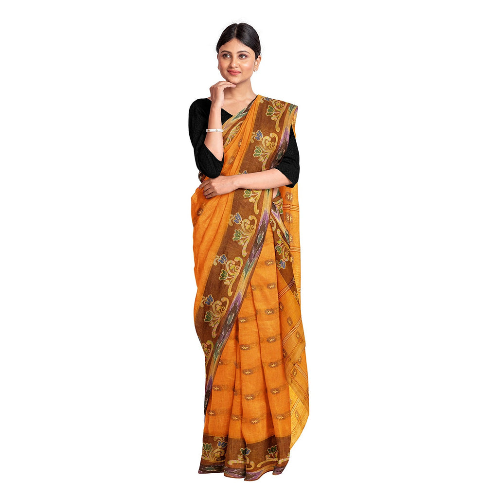 Exclusive Collection 100% Pure Cotton Orange Tant Saree With Hand Weaving Work