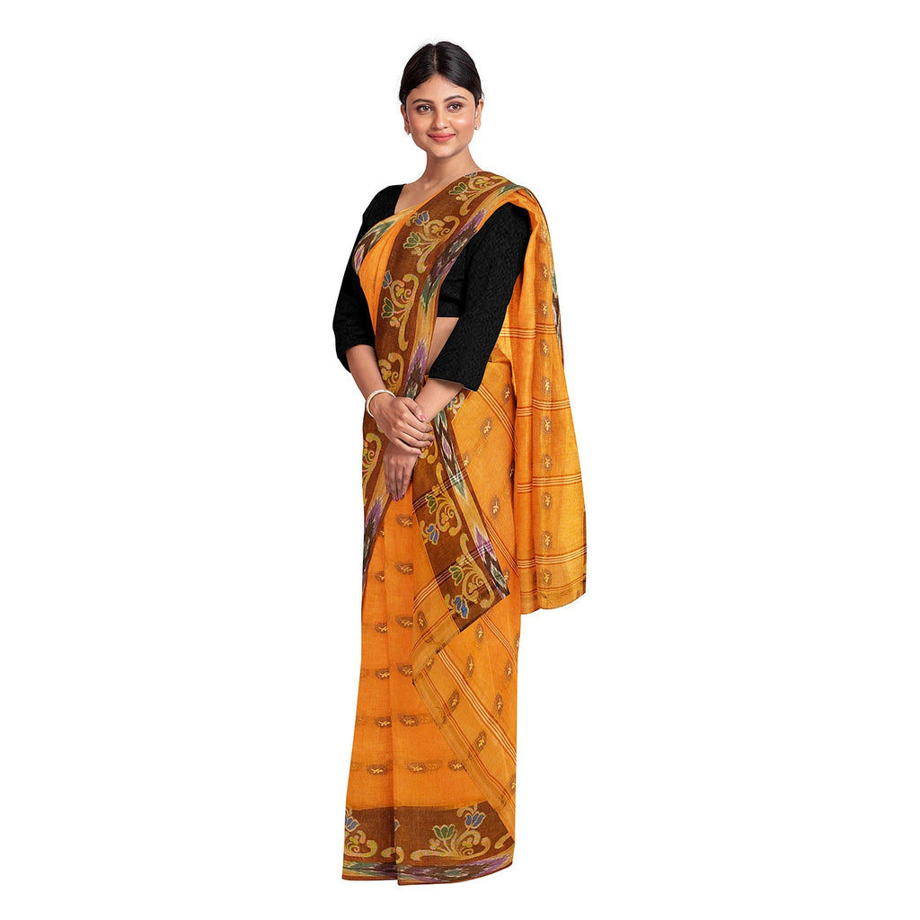 Exclusive Collection 100% Pure Cotton Orange Tant Saree With Hand Weaving Work