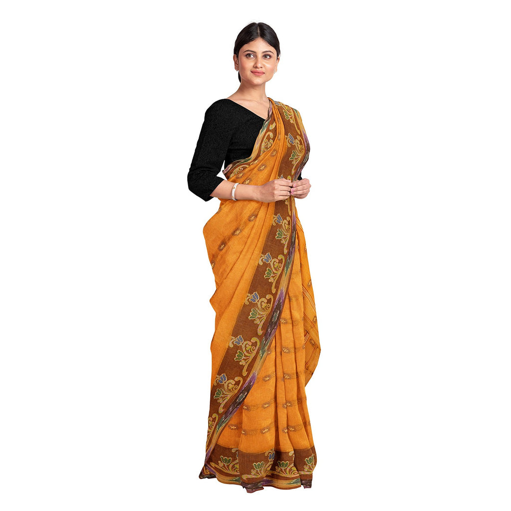 Exclusive Collection 100% Pure Cotton Orange Tant Saree With Hand Weaving Work