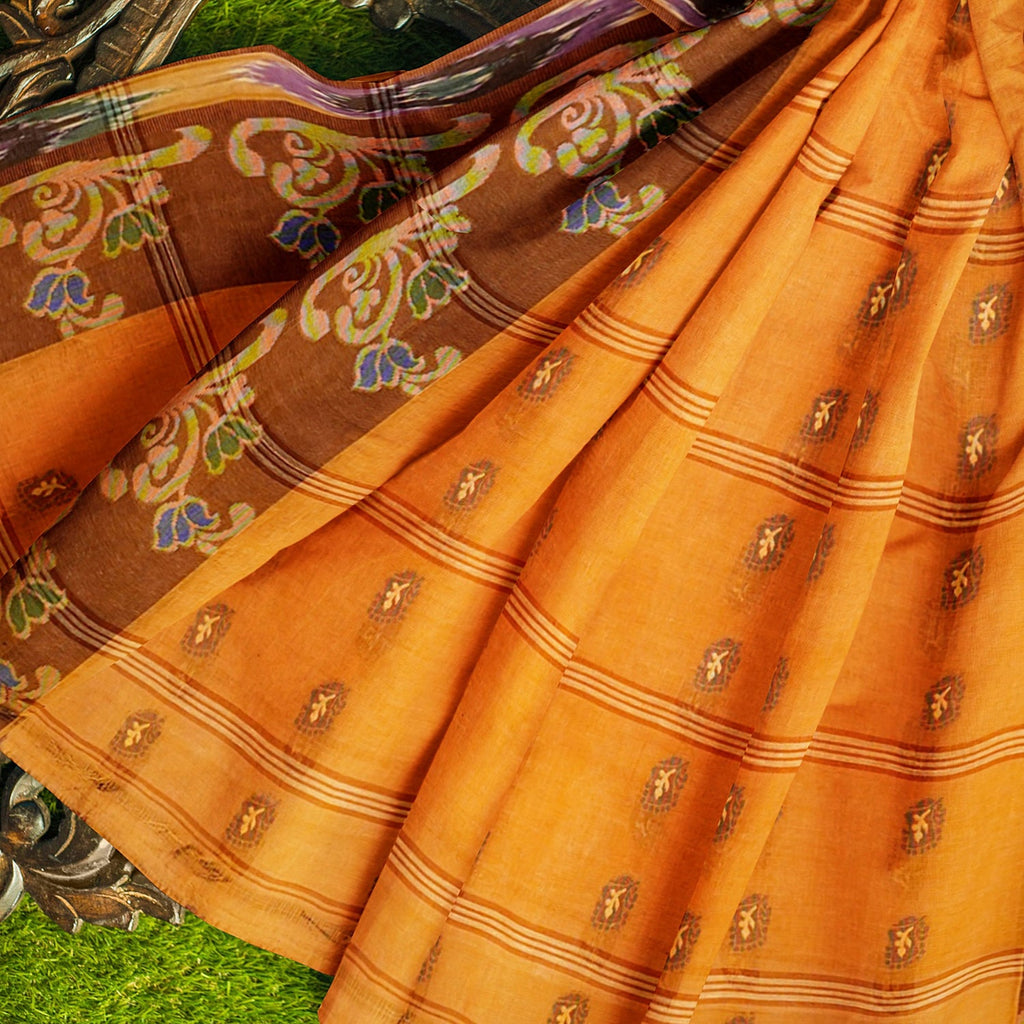 Exclusive Collection 100% Pure Cotton Orange Tant Saree With Hand Weaving Work