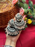 Tehzeeb Creations Women's Oxidised Earrings With Mirror And Black Pearl