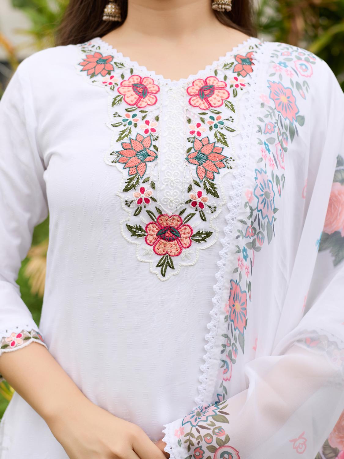 The52 Thread work on Viscose Fabric Straight Kurta, Pant and Dupatta Set