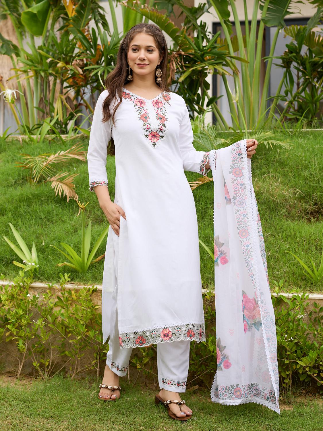 The52 Thread work on Viscose Fabric Straight Kurta, Pant and Dupatta Set