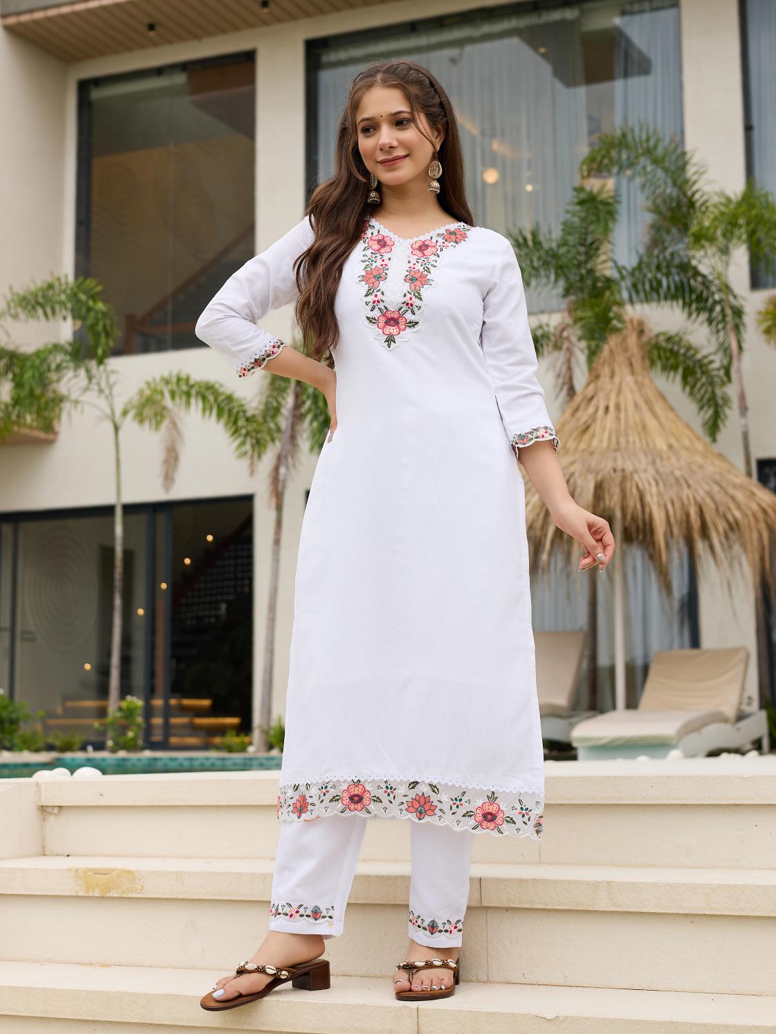 The52 Thread work on Viscose Fabric Straight Kurta, Pant and Dupatta Set