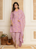 Yufta Lavender Floral Print Cotton Straight Style Kurta And Dhoti Pants With Dupatta Set