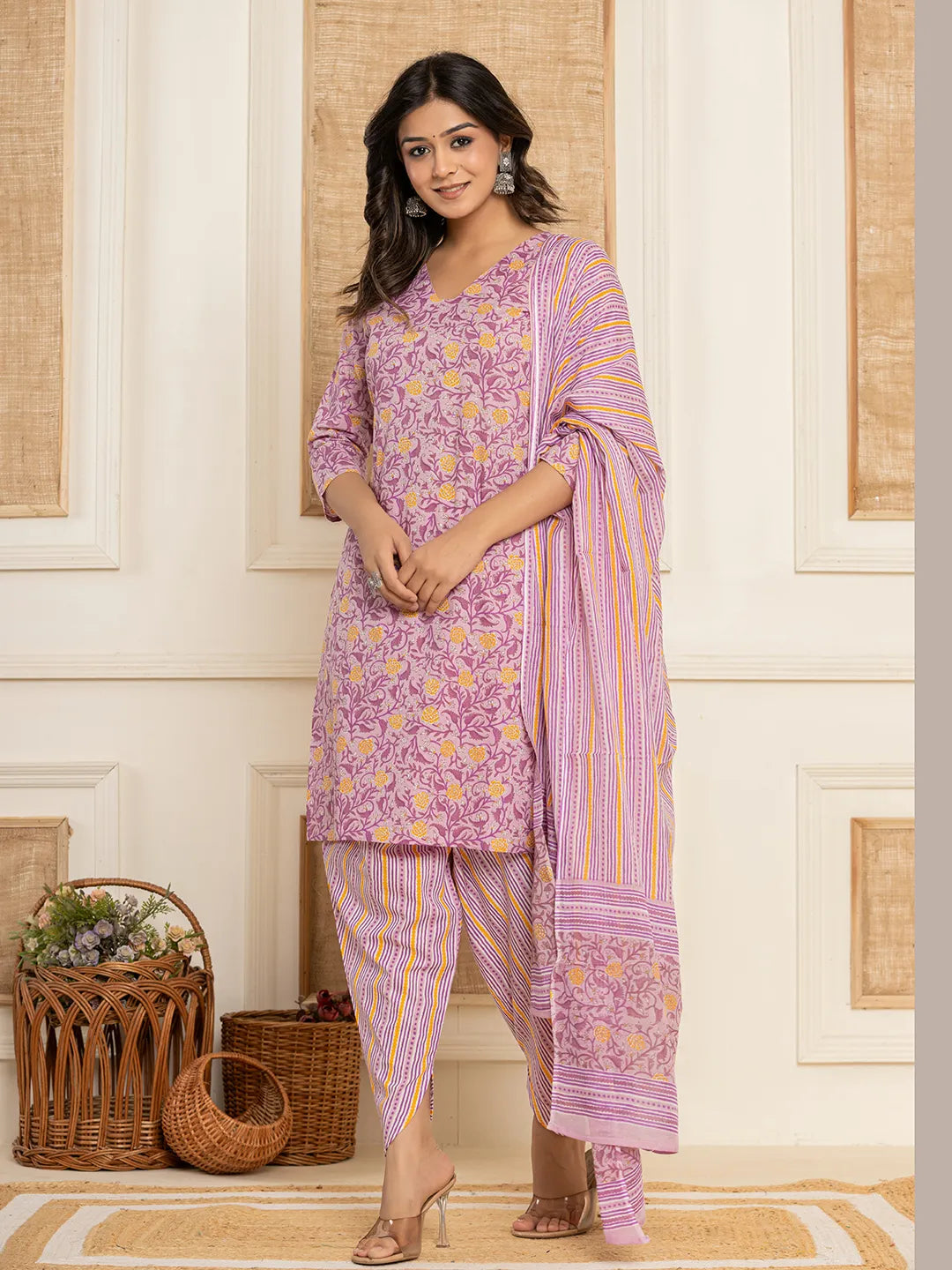 Yufta Lavender Floral Print Cotton Straight Style Kurta And Dhoti Pants With Dupatta Set