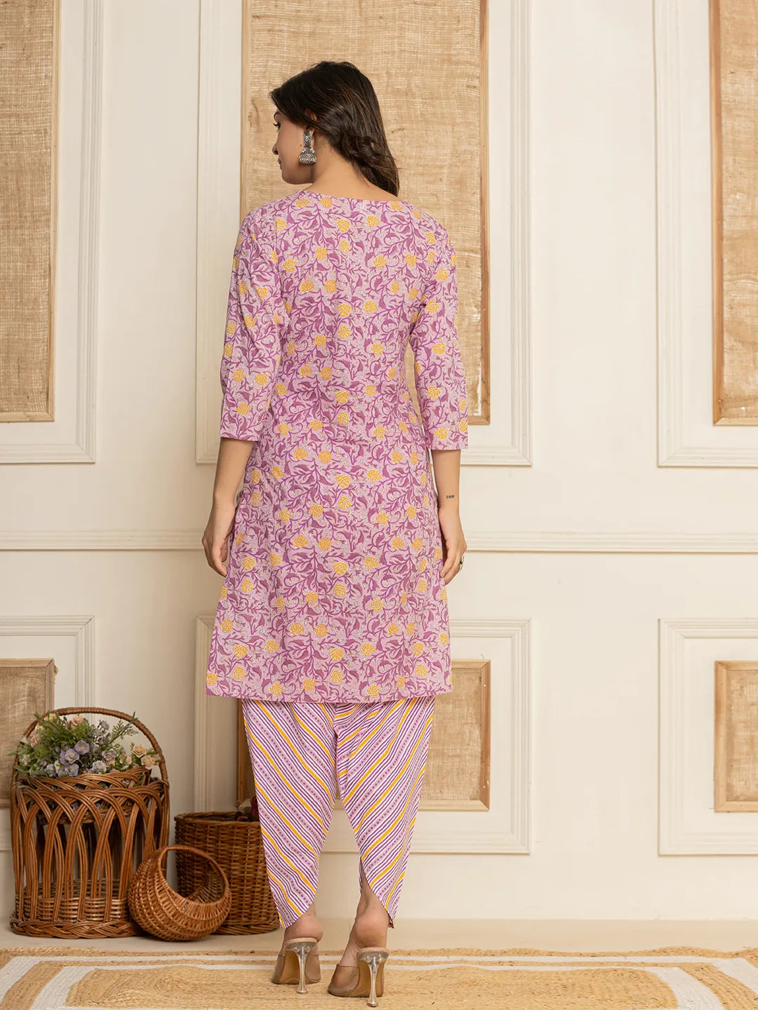 Yufta Lavender Floral Print Cotton Straight Style Kurta And Dhoti Pants With Dupatta Set