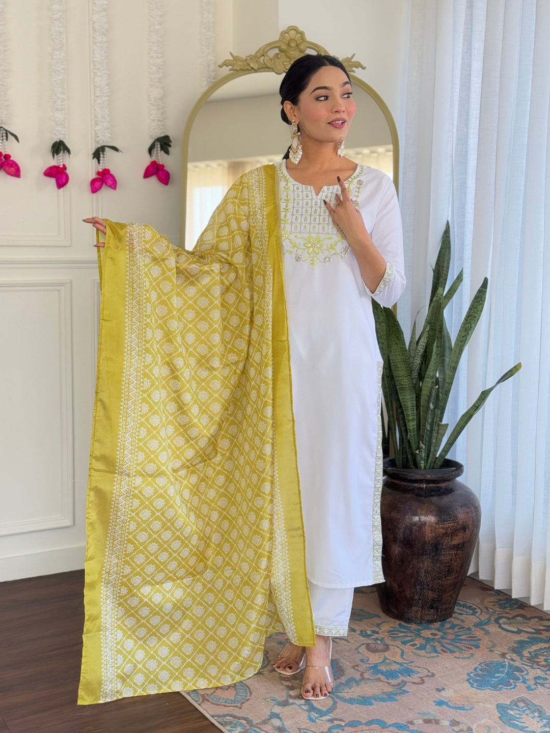 The52 Women's Beautiful Viscose Embroidery work Straight Kurta with Pant and Dupatta Set