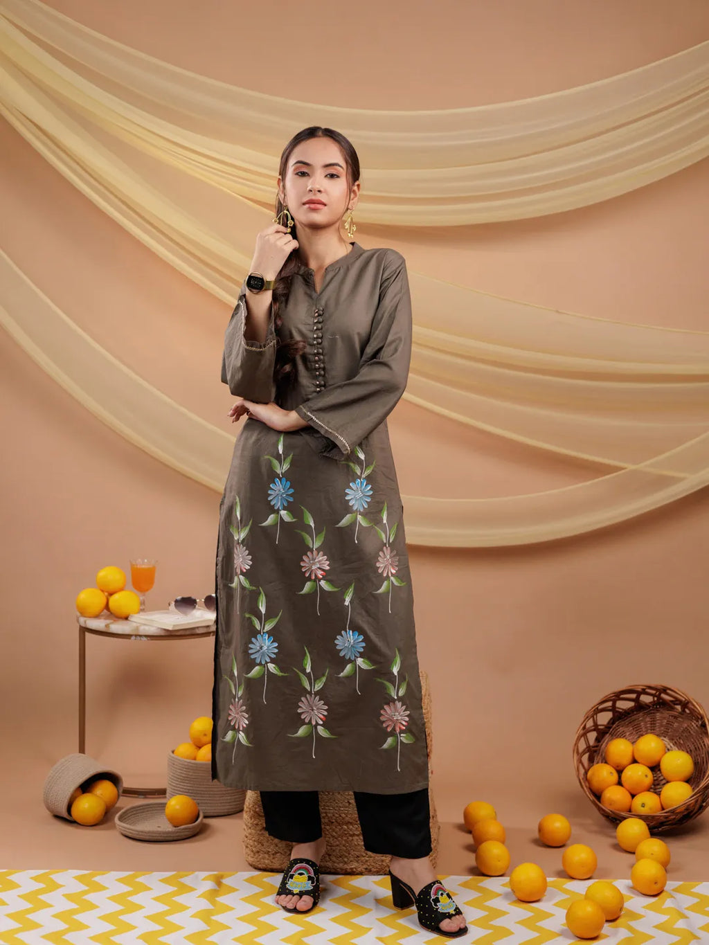Yufta Military Green Hand Floral Print Cotton Straight Kurta