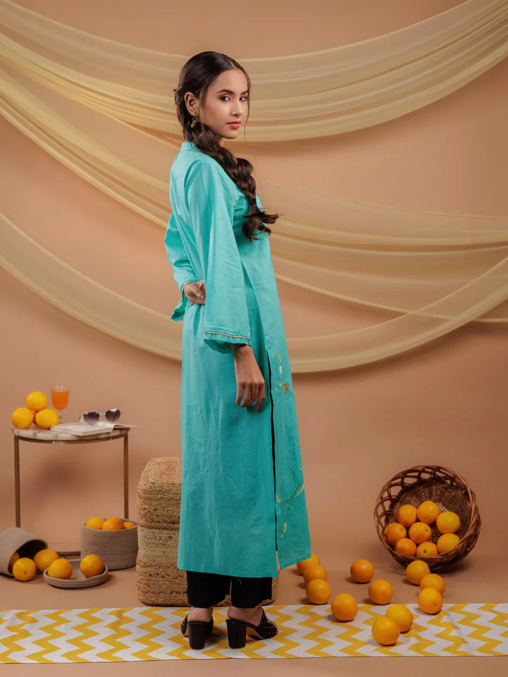 Yufta Sea Green Hand Floral Print Cotton Straight Kurta