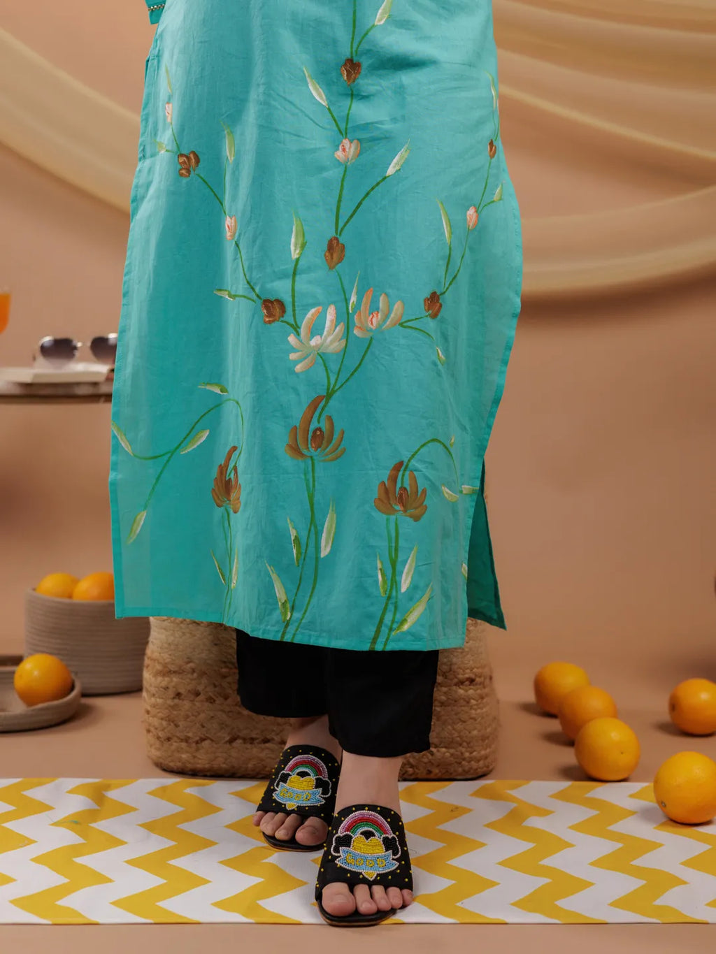 Yufta Sea Green Hand Floral Print Cotton Straight Kurta