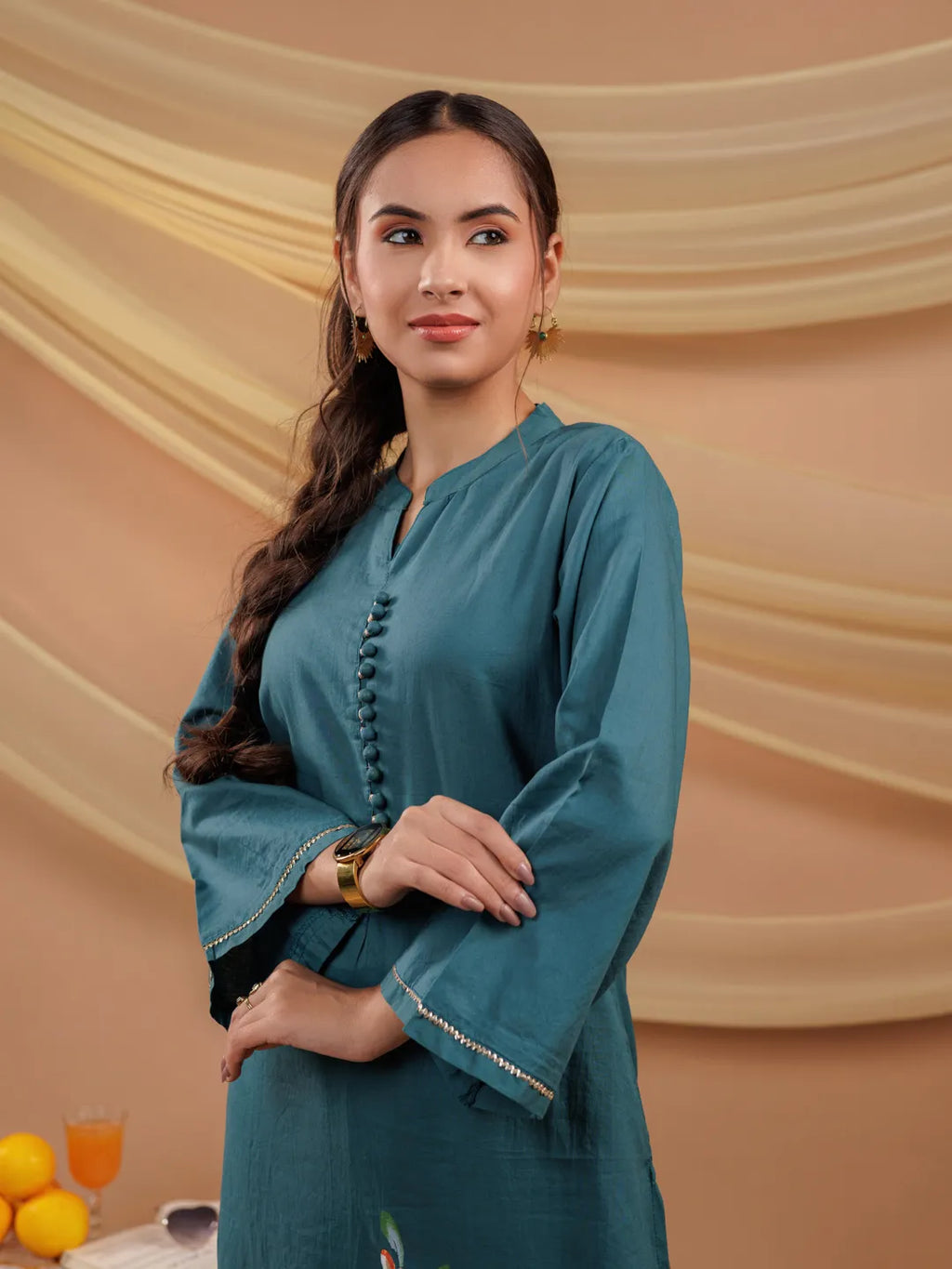 Yufta Teal Blue Hand Floral Print Cotton Straight Kurta