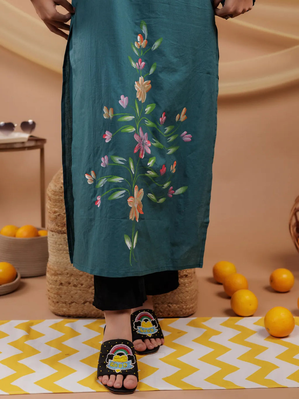 Yufta Teal Blue Hand Floral Print Cotton Straight Kurta