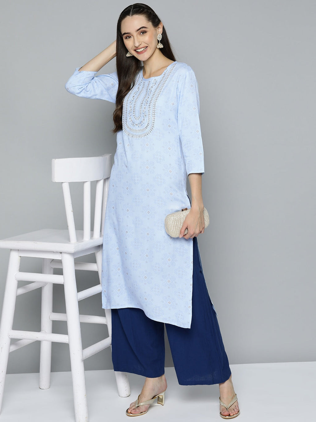 HERE&NOW Women Blue Ethnic Motifs Printed Embroidered Sequin Detail Kurta