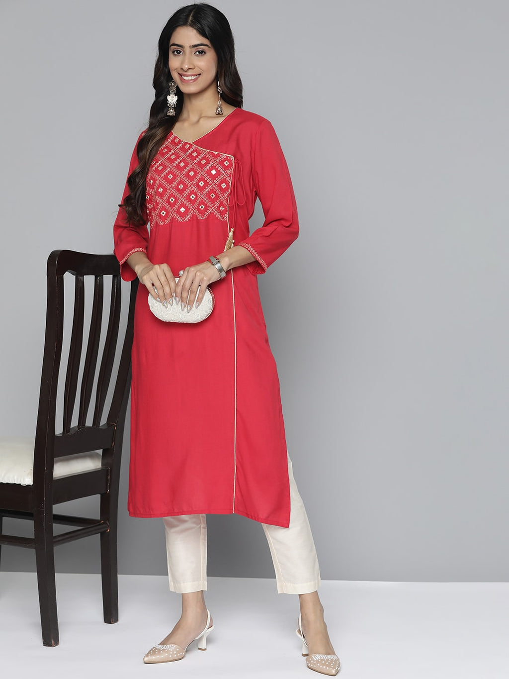 HERE&NOW Women Pure Cotton Ethnic Motifs Mirror Work Angrakha Kurta