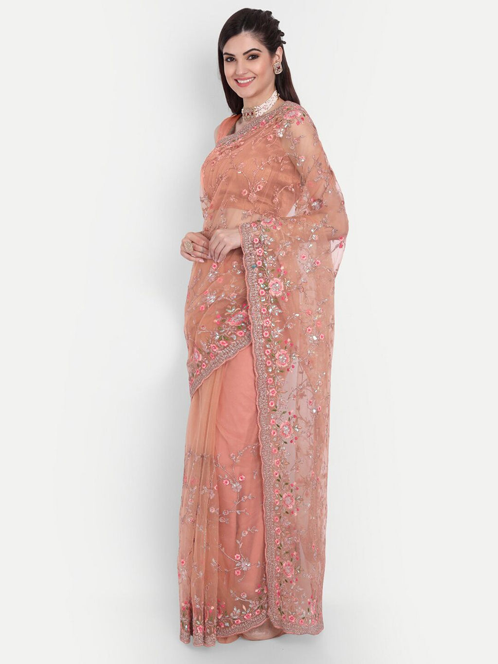 kasee Women Peach-Coloured Floral Embroidered Net Saree