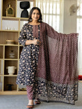Yufta Piping On Yoke Floral Print Black Cotton Plus Size Kurta Set With Dupatta Set