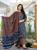 Yufta Piping On Yoke Floral Print Blue Cotton Plus Size Kurta Set With Dupatta Set