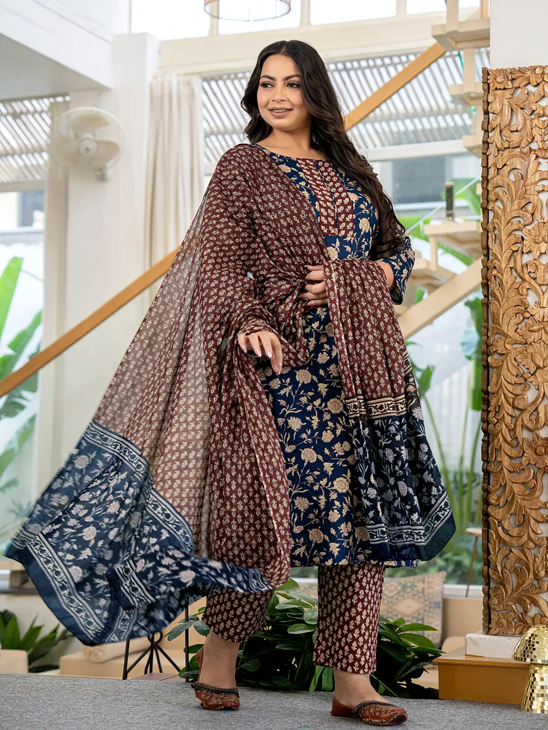 Yufta Piping On Yoke Floral Print Blue Cotton Plus Size Kurta Set With Dupatta Set