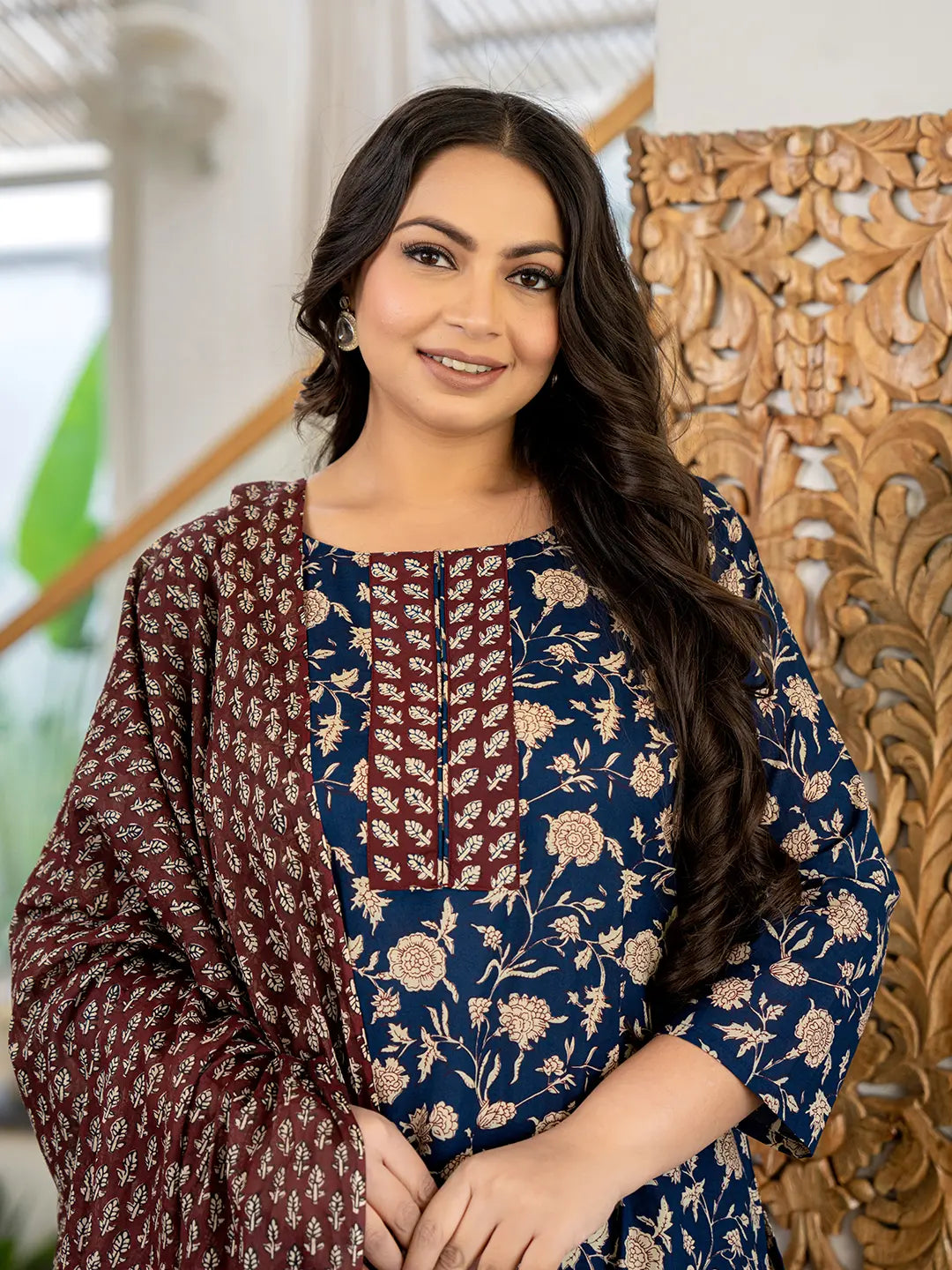 Yufta Piping On Yoke Floral Print Blue Cotton Plus Size Kurta Set With Dupatta Set