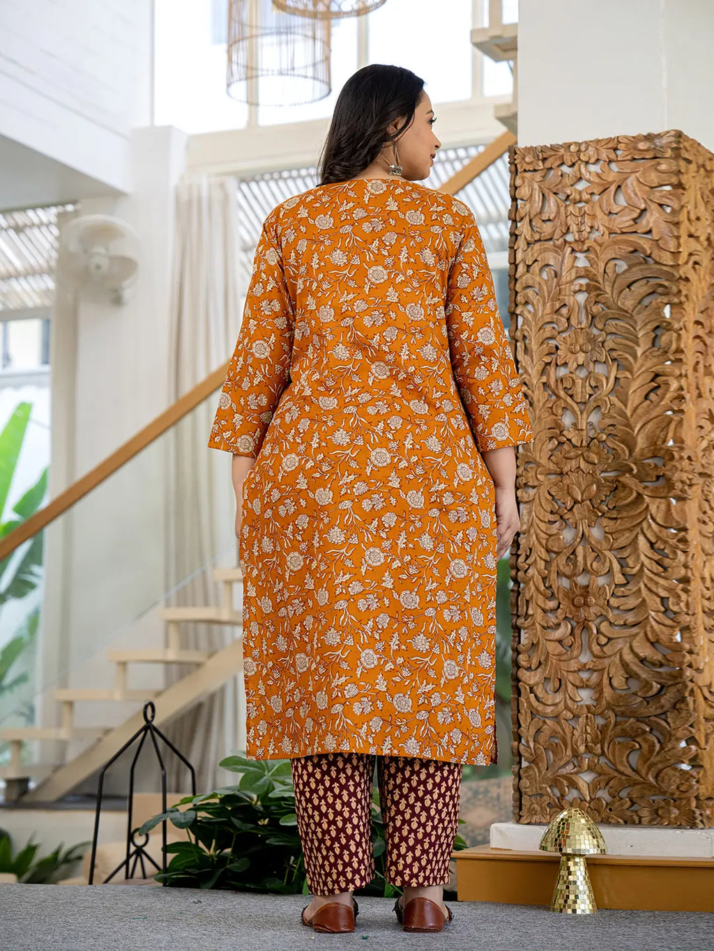 Yufta Piping On Yoke Floral Print Mustard Cotton Plus Size Kurta Set With Dupatta Set