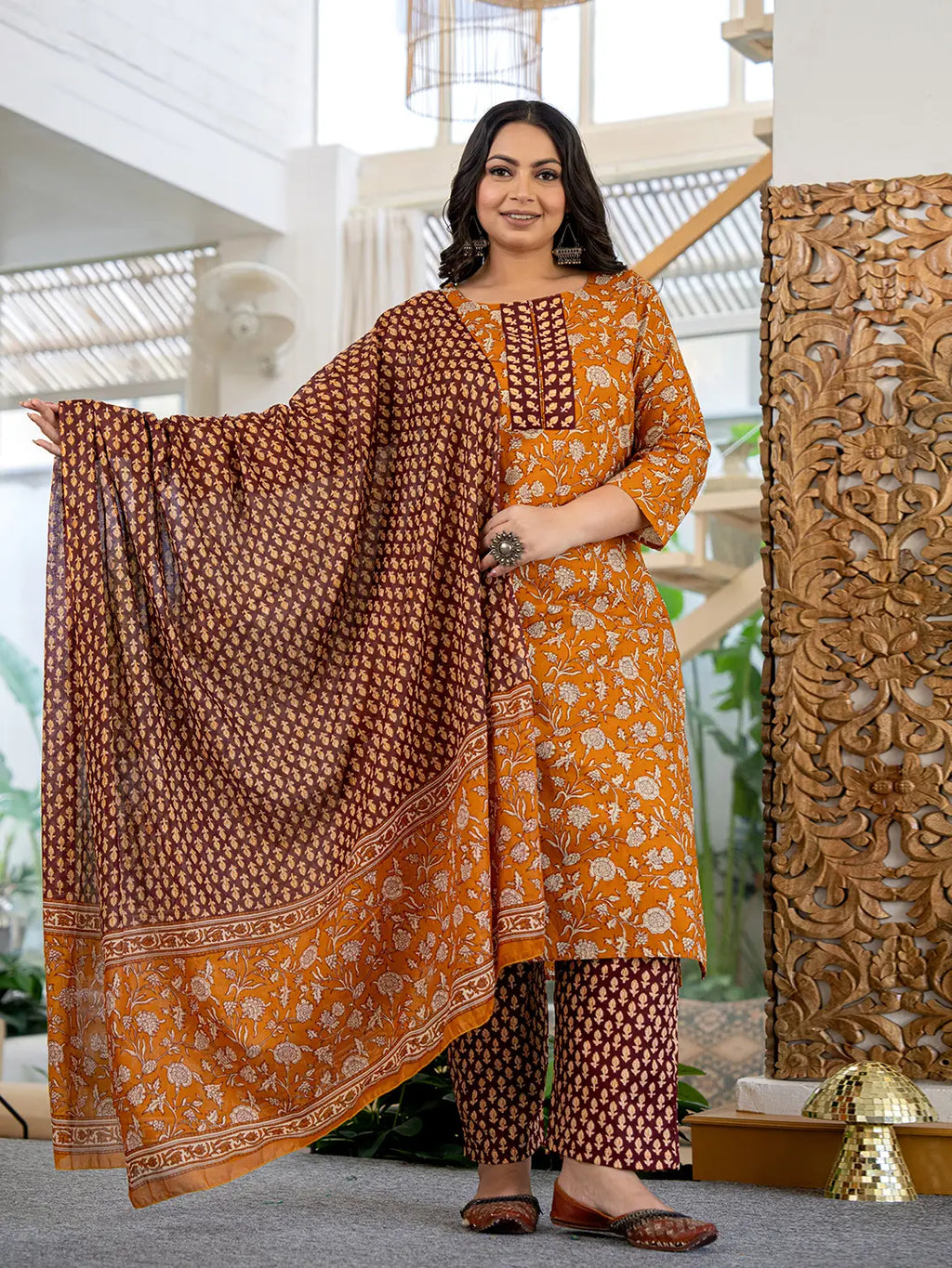 Yufta Piping On Yoke Floral Print Mustard Cotton Plus Size Kurta Set With Dupatta Set