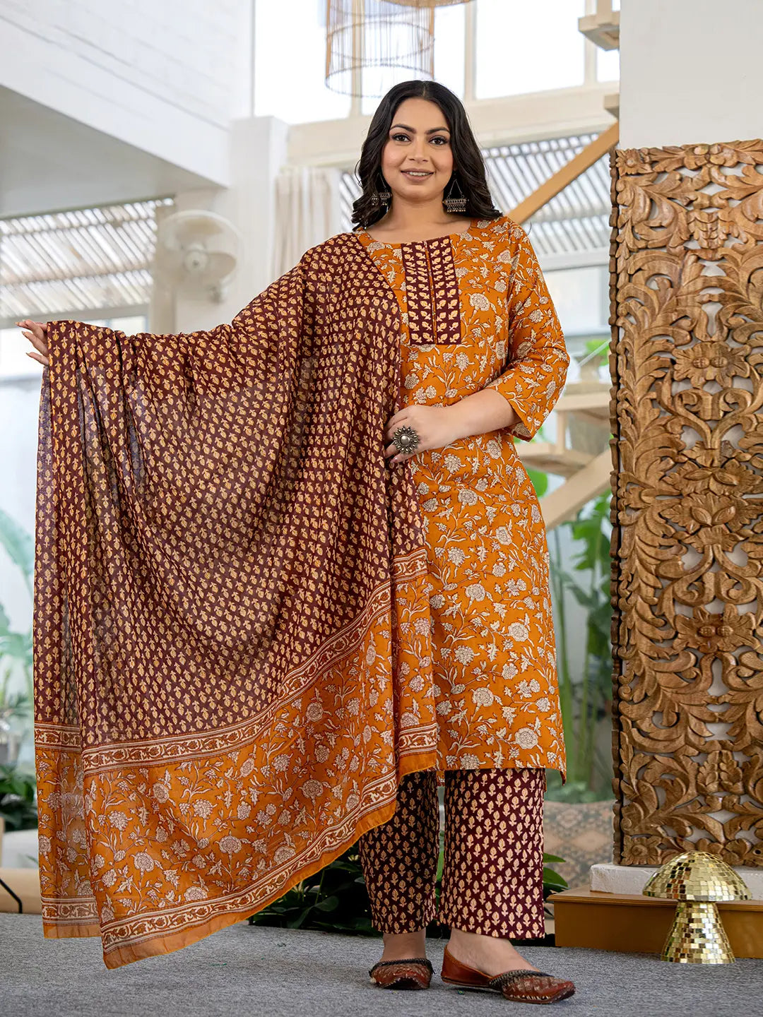 Yufta Piping On Yoke Floral Print Mustard Cotton Plus Size Kurta Set With Dupatta Set