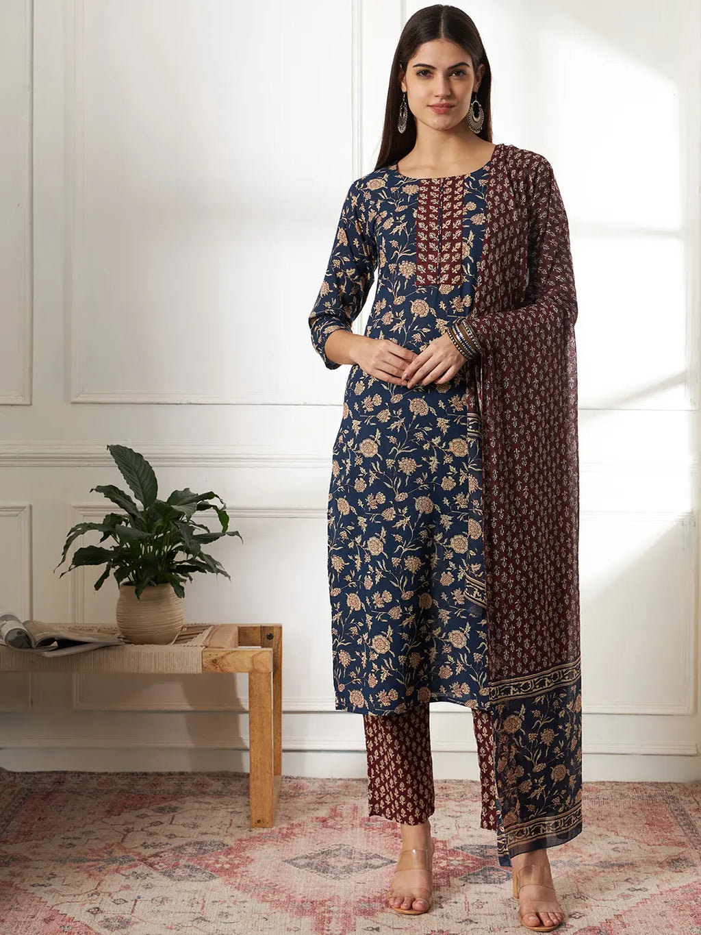 Yufta Piping On Yoke Floral Print Blue Cotton Kurta Set With Dupatta Set