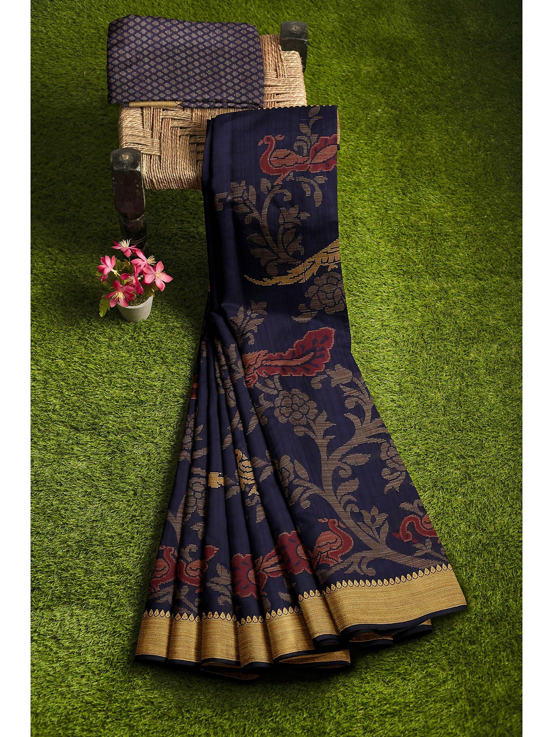 Mimosa Women's Kanchipuram Art Silk Navy Blue Saree