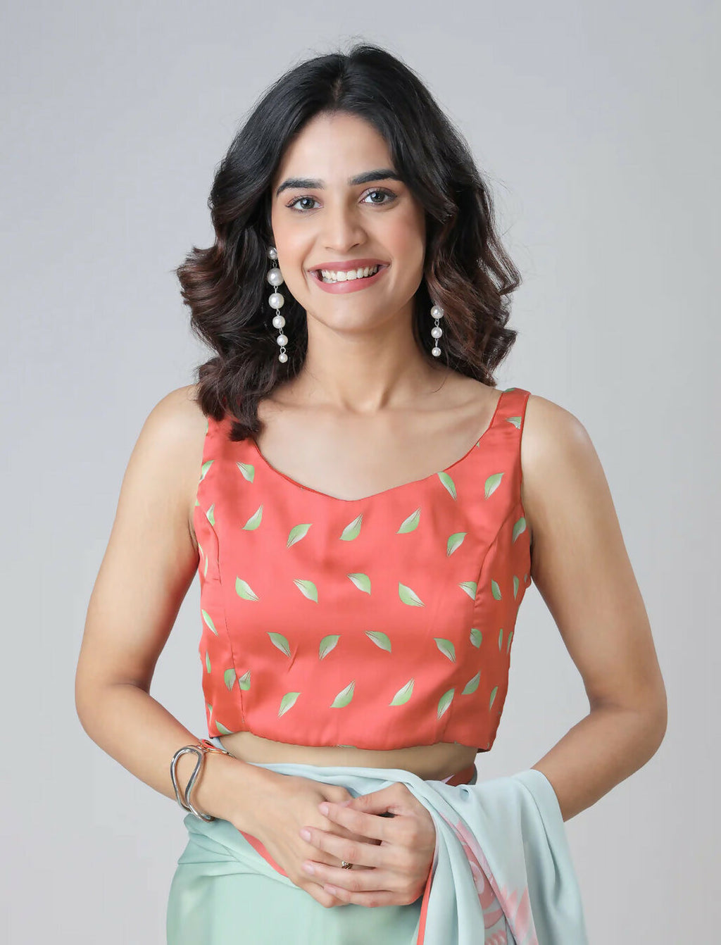 Vastranavya Mint Green & Coral Mandala Print Free Hand Ready to Wear Saree